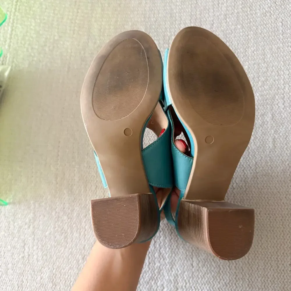 Seychelles Blue Criss Cross Strap Stack Heel Sandal